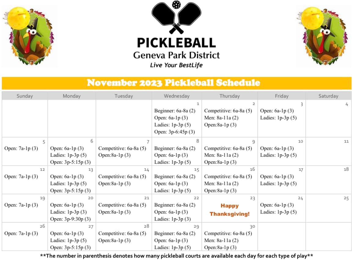 Geneva Park District November 2023 Pickleball Schedule